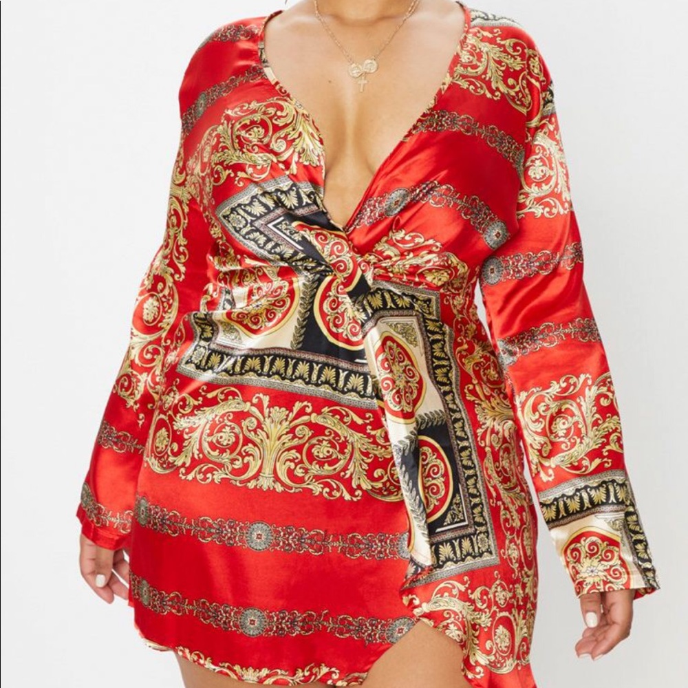 Red Satin Wrap Slit Dress